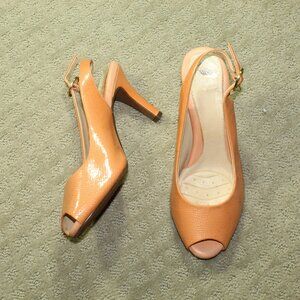 Nurture Sz 7.5M Peach Patent Leather Peep Open Toe Slingback 3" Heel Shoes